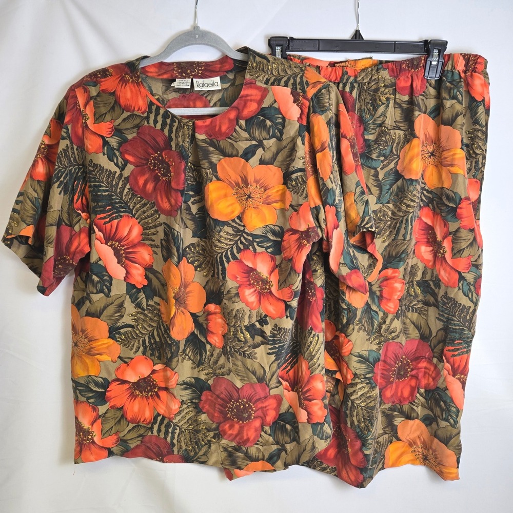 Rafaella Two Piece Set Top & Skirt 100% Silk Tropical Floral Vintage Large READ